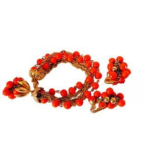 60s Kramer NY Tassel Charm Bracelet Earrings Orange Glass Beads Gold Tone Chain
